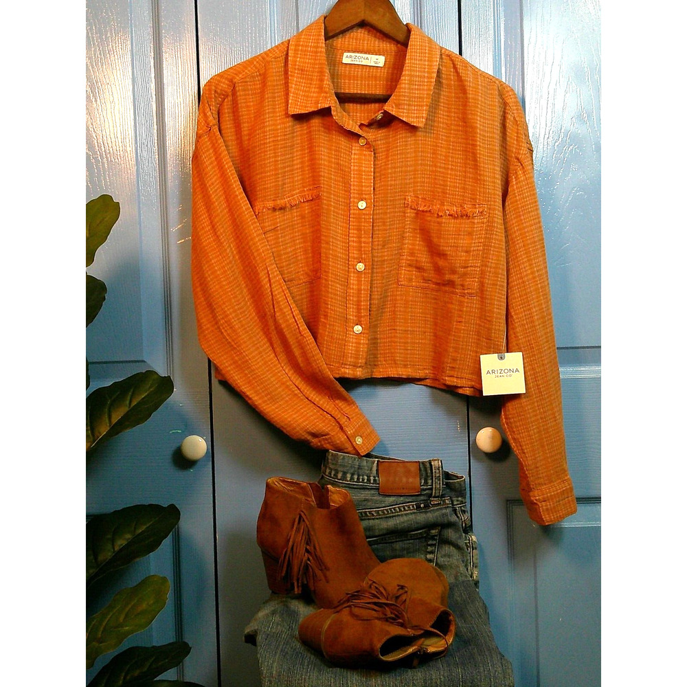 NWT Arizona Co Orange Plaid Button Up Long Sleeve Cropped Blouse-Medium RTL $36 - Picture 2 of 11